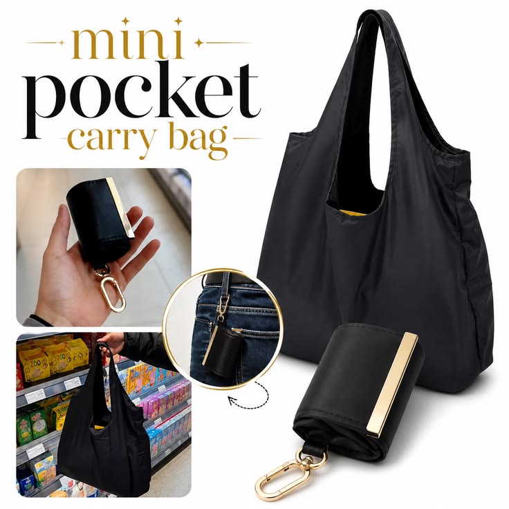 Pocket Carry Bag – Foldable Reusable Shopping Tote with Keychain Clip