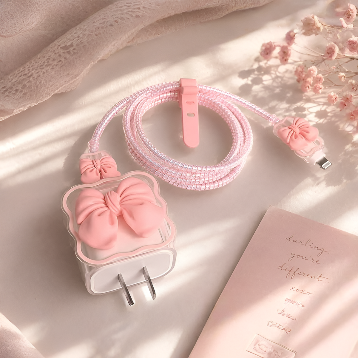 A pink decorative charging cable set with a large bow-shaped plug, a matching small bow clip, and a flower-shaped connector, arranged on a soft cream surface with lace fabric and dried pink flowers.