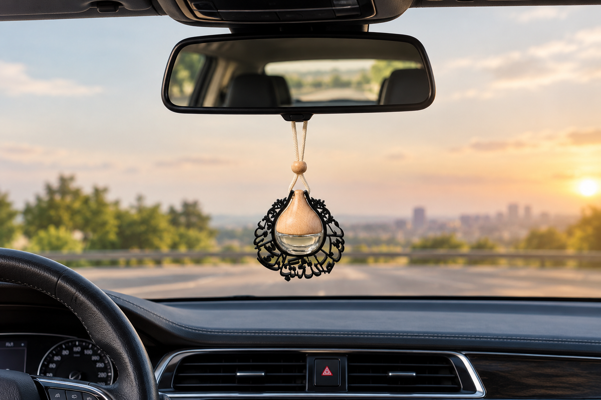 Premium Arabic Design Car Hanging Perfume Diffuser | 7cm Decorative Rear View Mirror Air Freshener with Wooden Cap & Hanging Rope