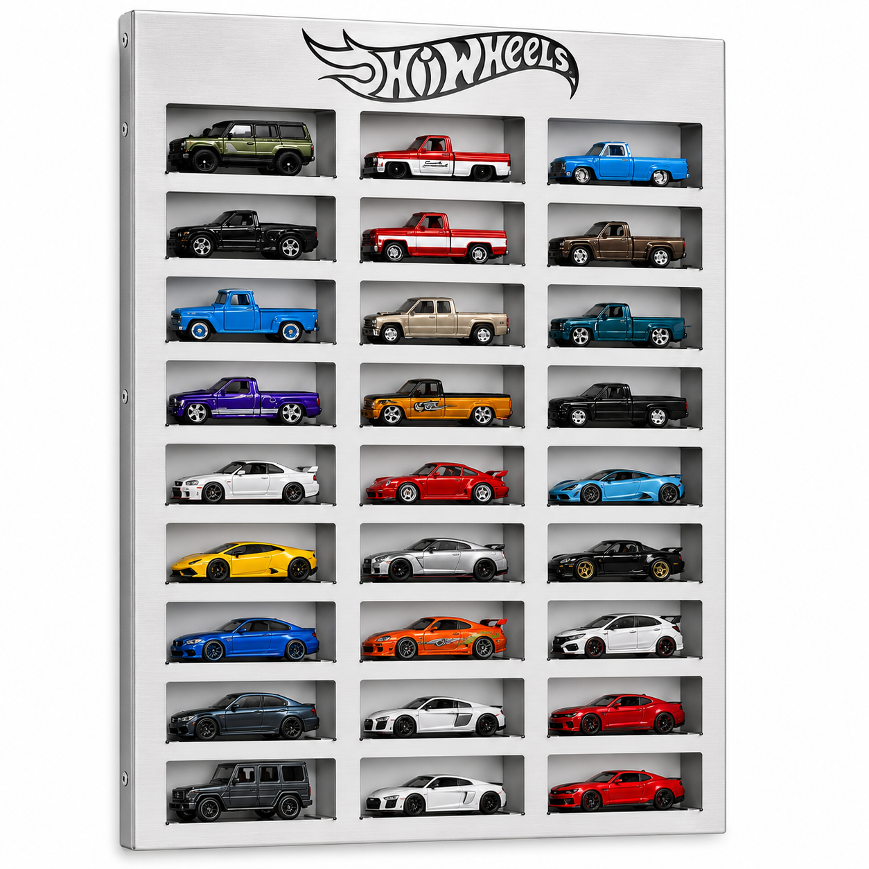 Premium Stainless Steel Die-Cast Car Display Shelf | Wall-Mounted Hot Wheels Display Case | 12, 24 & 36 Slot Storage