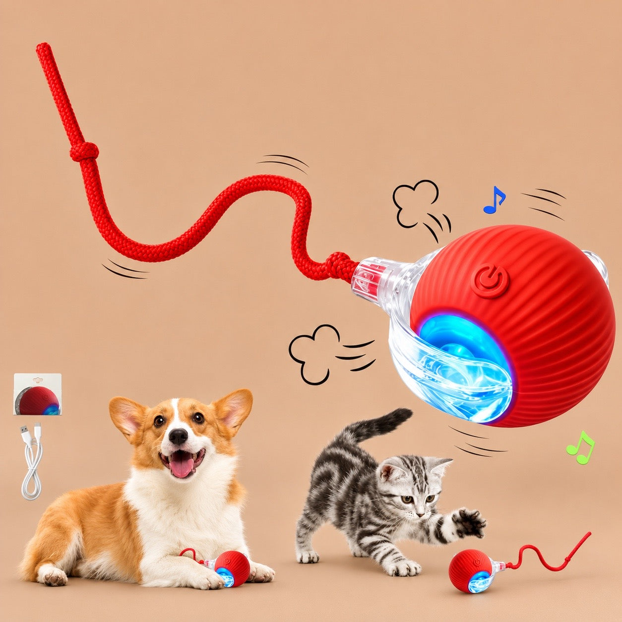 Interactive Smart Cat Ball with Tail | USB Rechargeable Motion Activated Rolling Pet Toy with LED Lights for Cats & Small Dogs