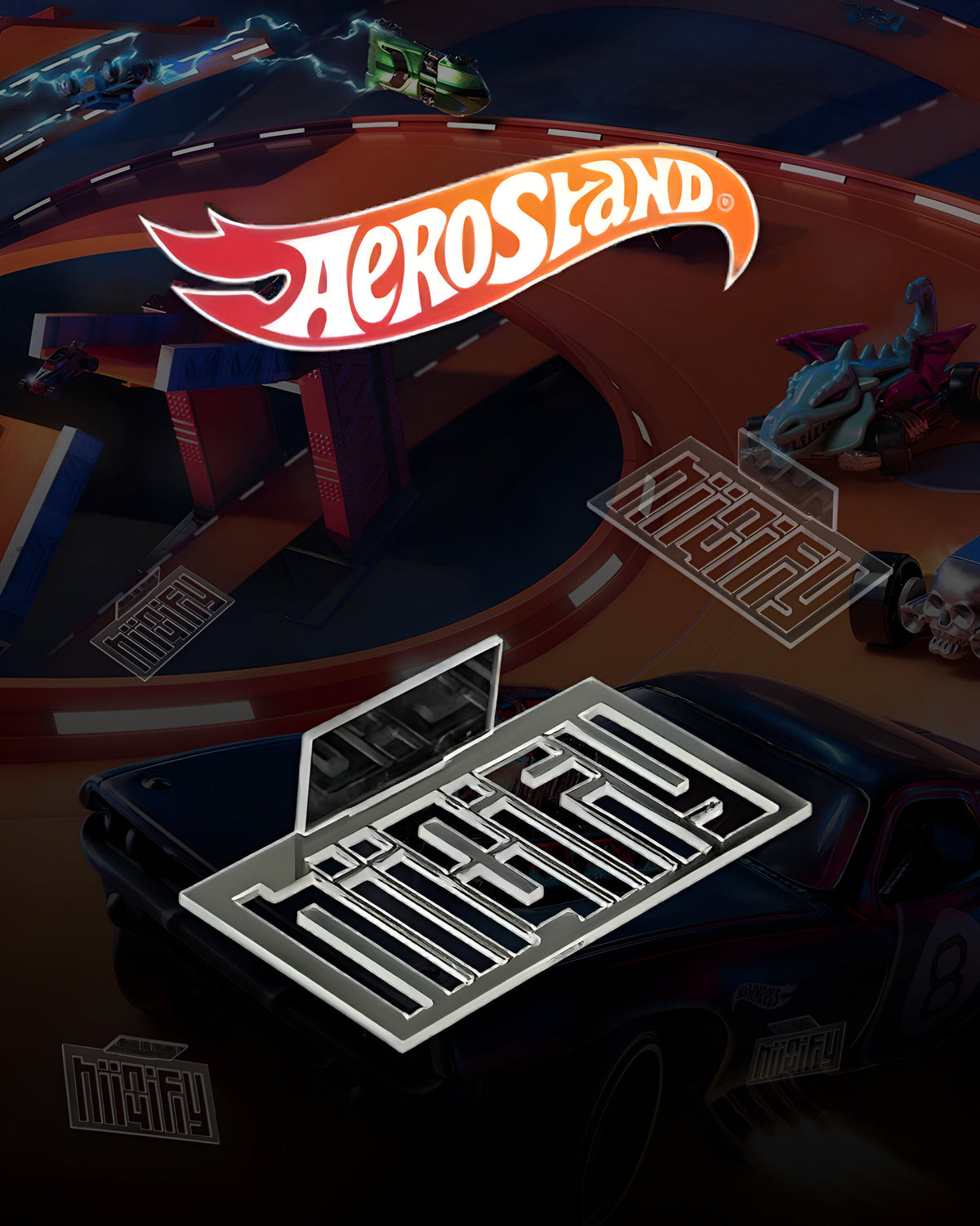 A clear acrylic stand with the name 'AeroStand' displayed on a table with Hot Wheels cars and tracks.