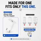 A compatibility graphic for a white iPhone 20W two pin adapter protector case. The graphic features a large photo of the white case on the left, labeled 'COMPATIBLE WITH iPhone 20W Two Pin Adapter,' and smaller illustrations of incompatible adapters for 5W, other brand adapters, and 30W adapters on the right, under the bold text 'MADE FOR ONE FITS ONLY THIS ONE.