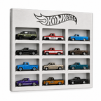 Hot Wheels toy car display box featuring 12 miniature die-cast vehicles arranged in a 3x4 grid of recessed compartments on a white panel with the Hot Wheels logo at the top.