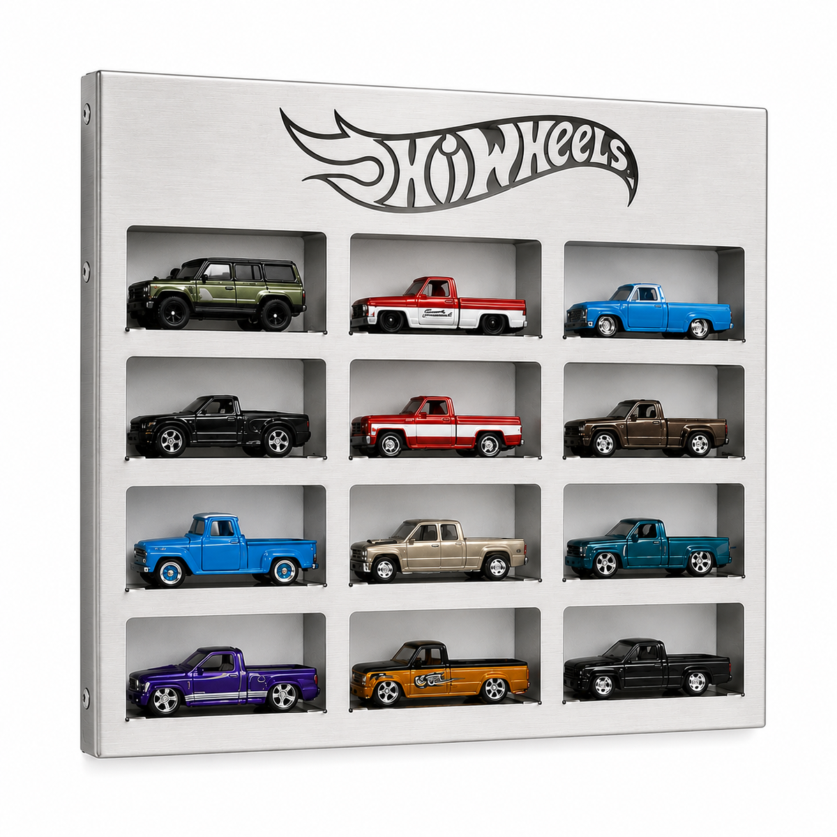 Hot Wheels toy car display box featuring 12 miniature die-cast vehicles arranged in a 3x4 grid of recessed compartments on a white panel with the Hot Wheels logo at the top.