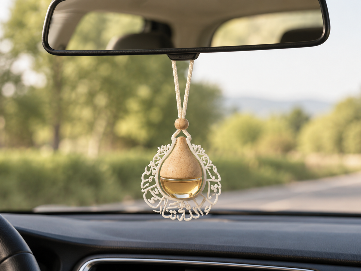 Premium Arabic Design Car Hanging Perfume Diffuser | 7cm Decorative Rear View Mirror Air Freshener with Wooden Cap & Hanging Rope